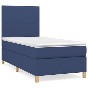 Cama Individual | Cama Para Adultos | Cama Box Spring Con Colchón Tela Azul 100x200 Cm
