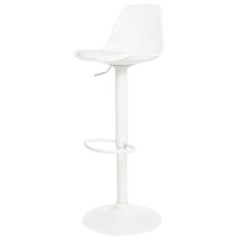 Taburete ajustable con asiento de polipropileno blanco y patas negras.