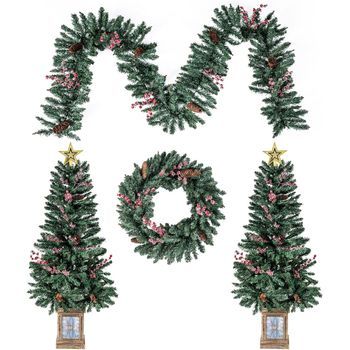 2 Árboles De Navidad Costway 120 Cm On Guirnalda Y Corona, Arbol De Navidad En Maceta Con Piñas