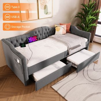 Cama Tapizada De 90 X 200 Cm Con Carga Usb Tipo C Y 2 Cajones, Sofá Cama - Tela De Lino - Gris