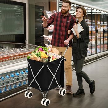 Carro De Compras Plegable Con Ruedas De Tela Oxford Extraíble E Impermeable Negro