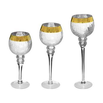 Juego De 3 Portavelas De Pie Con Banda De Cristal Craquelado Dorado