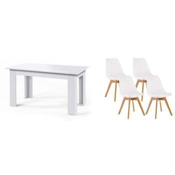 Pack Mesa Fija De Comedor O Cocina Blanco + 4 Sillas Nordic Blanco