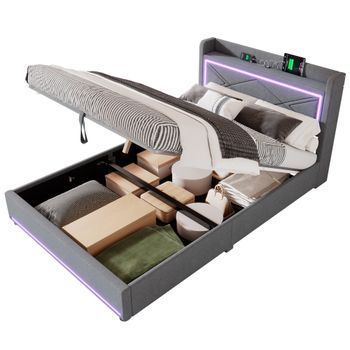 Cama Contenedor 140 X 200 Cm Con Cabecero - Leds Y Puerto Usb - Tela De Lino - Estilo Contemporáneo - Gris