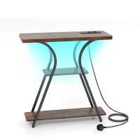 costway mesa consola con luces led y estacion de carga 3 niveles estantes abiertos kit antivuelco marco metalico para salon entrada marron rustico