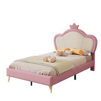 cama infantil de polipiel cama individual con bordes protectorios suaves cabecera con corona patas de metal diseno elegante materiales de alta calidad facil de instalar rosa y blanco 90x200 cm