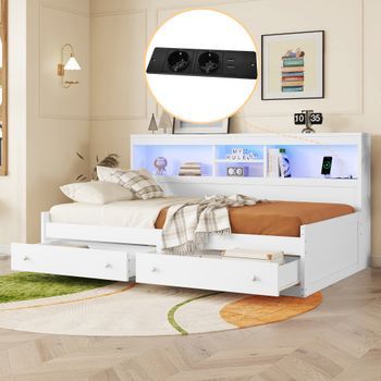 Cama Canapé Con 2 Cajones De Almacenamiento, 2 Puertos Usb, Iluminación Led, Somier De Lamas, 90x200 Cm, Panel De Partículas Blanco