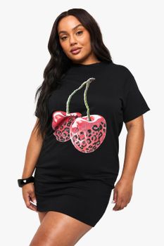 Vestido Camiseta Plus Oversize Con Estampado De Leopardo Y Cerezas, Negro