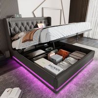 cama doble gris 140x200 cm con almacenamiento hidraulico y luces led