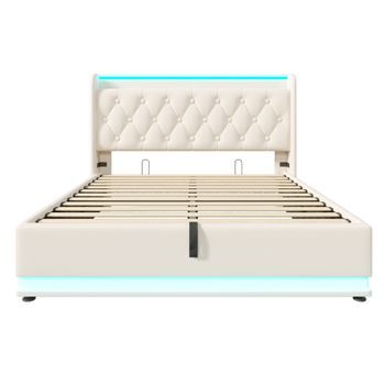 Cama Con Almacenaje De Piel Sintética De 140x200cm Con Led Y Enchufes Usb Y Tipo C Blanco