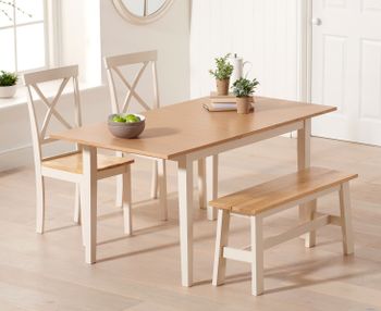 Chiltern 120cm Extending Cream And Oak Table Painted With Epsom Chairs and Bench - Cream, 2 Chairs