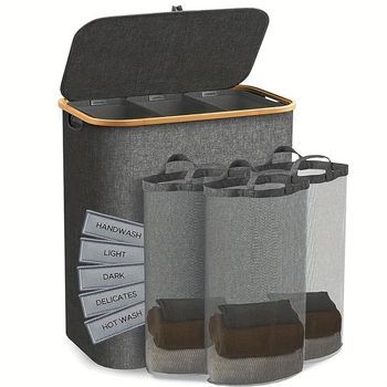 Cesto De Lavandería Multifuncional Con 3 Bolsas De Malla Y Etiquetas De Clasificación - Cesta De Almacenamiento Plegable De Tela Oxford Grey