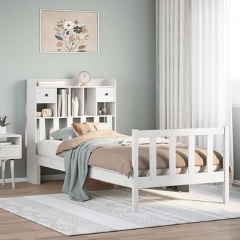 Cama Para Adulto | Cama Individual | Cama Con Estantería Sin Colchón Madera Maciza Blanco 90x200 Cm Cfw66058