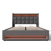 cama con almacenaje de lino 140x200cm con led y puertos usb somier gris