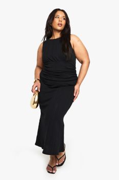 Vestido Plus Midaxi De Canalé Y Algodón Fruncido, Negro
