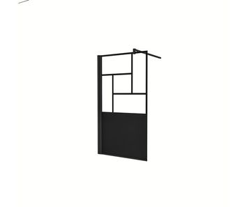 Mampara de ducha fija pantalla panel fijo estilo industrial cristal antical 8mm con barra 90cm perfil negro mate,(877-900)x2000mm