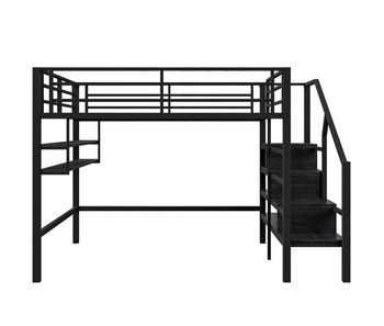 Cama alta de metal de 140x200 cm - con estante y escalera de almacenaje - negro