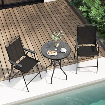 Juego De Muebles De Bistró 3 Piezas 2 Taburetes De Bar Plegables Con Mesa Orificio Para Sombrilla Y Reposapiés Para Exterior Patio Negro