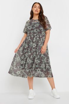 Yours Vestido Midi Negro De Malla Con Flores, Mujer Curvy Y Tallas Grandes, Yours