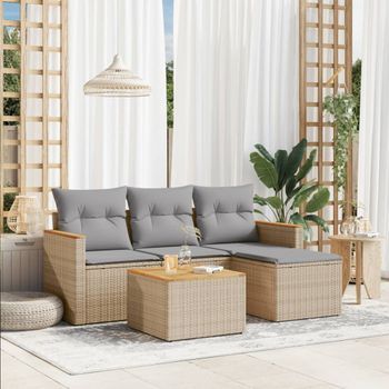 Conjunto De Sofás Jardín Con Cojines Beige Mezcla 5 Uds | Mueble Jardin Mesa Y Sillas Ratán Pe Cfw361710