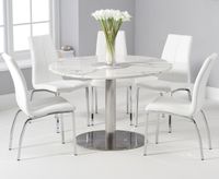 bali 120cm round white marble effect dining table with cavello dining chairs