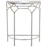 mesa entrada metal plateado con  cristal espejo semicircular