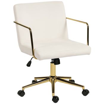 HOMCOM Silla de oficina con ruedas y acentos dorados, silla de ordenador con base metálica, tapizado efecto terciopelo, Crema blanca