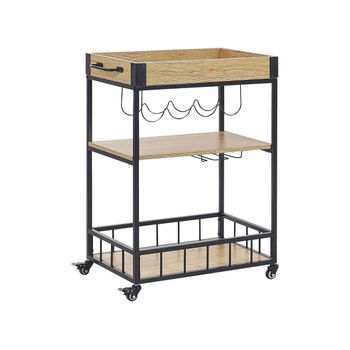 Carrito De Cocina Madera Clara Negro Mdf Botellero Ruedas Moderno Comedor Hullet