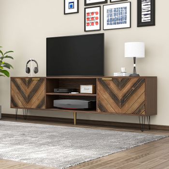 Mueble tv bajo con 2 puertas, tiradores dorados, 155 cm, natural
