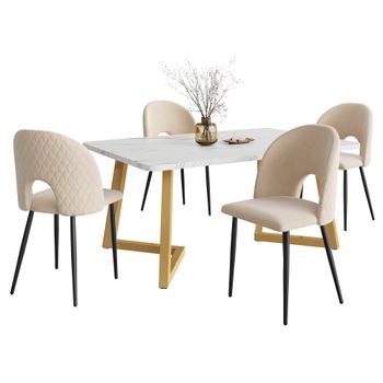 Conjunto De Mesa Y 4 Sillas, Patas Ajustables Y Respaldo De Rombos, Mesa De Comedor Rectangular 117x68cm, Mdf Y Sillas De Terciopelo Beige