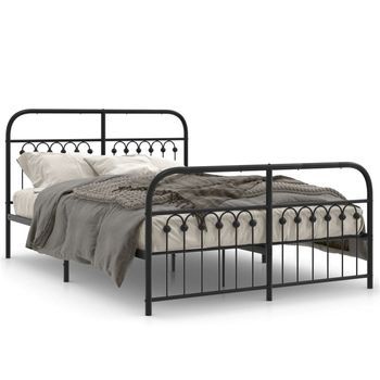 Cama Doble | Cama Para Adultos | Estructura Cama Con Cabecero Y Estribo Metal Negro 137x190 Cm