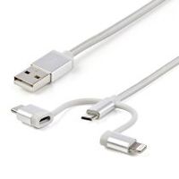startechcom cable usb multicarga usb de 1m - usb a micro usb o usb-c o lightning para iphone  ipad  ipod  android - certificacian mfi de apple - cable cargador usb 3 en 1 - trenzado