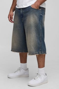 Plus Relaxed Longline Tinted Nibbled Pocket Denim Jorts, Gris