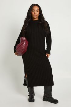 Vestido Plus Midaxi De Punto Y Canalé Grueso Suave, Negro