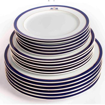 Juego De Platos De Porcelana Blanca (18 Piezas) Duisburg, 6 Platos Llanos, 6 Platos Hondos, 6 Platos De Postre, Azul De Cobalto Y Filo De Oro
