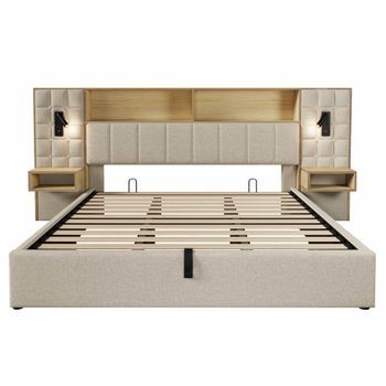 Cama Tapizada 180x200 - Con Almacenamiento, Sistema Cama, Led Y 2 Lámparas De Lectura, 2 Mesillas Integradas, Puerto De Carga Usb Tipo-c, Tejido De Lino, Somier Incluido, Sin Colchón - Beige