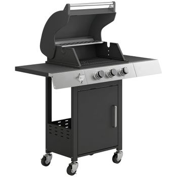 Outsunny Barbacoa de Gas con 3 Quemadores 8,1 kW Termómetro Parrillas Mesas Laterales Armario y Ruedas 109x50x109 cm Negro