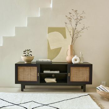 Mueble Tv De Madera De Mango Maciza Negra Y Rejilla De 120 Cm