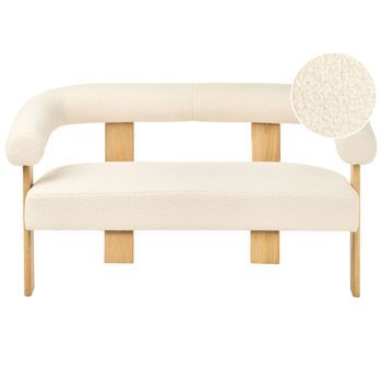 Sofá 2 Plazas Retro Salón Tapizado De Bouclé Patas De Madera Blanco Crema Y Marrón Claro Ilbro
