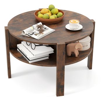Costway Mesa de Café Redonda de 2 Niveles con Almacenamiento Mesa de Té y Cóctel de 74,5 cm con 4 Estantes Mesa de Acento Redonda para Hogar