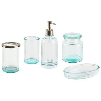 Conjunto De 5 Accesorios De Baño De Vidrio Verde Plateado Dispensador Jabonera Portacepillos 2 Recipientes Glamour Amarga