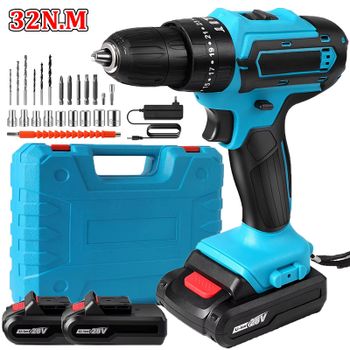 Taladro percutor inalámbrico de 32N.M, juego de taladro eléctrico recargable, destornillador eléctrico de 1350 RPM, herramienta eléctrica para bricolaje en el hogar con 2 baterías