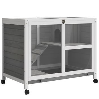 PawHut Conejera de Madera con Ruedas 91,5x53,3x73 cm Jaula para Conejos de 2 Niveles con Techo Abatible Gris   Aosom España