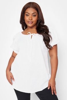 Yours Top Blanco Manga Corta Abullonada, Mujer Curvy Y Tallas Grandes, Yours