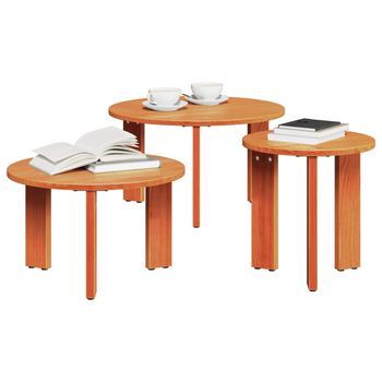3 Piezas Mesa De Café | Mesa De Centro Marrón Cera Madera Maciza De Pino