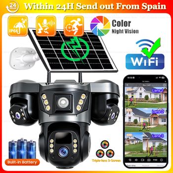 Cámara Solar WiFi con 3 Lentes y 3 Ángulos de Monitoreo, Protección de Seguridad Inteligente para el Hogar en Exteriores, Control Remoto PTZ, Alarma con Notificación Push, Cámaras IP CCTV WiFi Solares