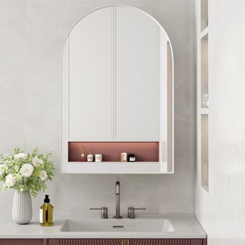 Armario Con Espejo Arqueado - Mueble De Pared Para Baño - Metal - Blanco (91x61x12cm)