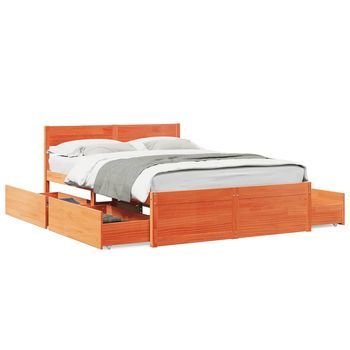 Cama Doble | Cama Para Adultos | Estructura Cama Con Cajones Madera Pino Marrón Cera 135x190 Cm
