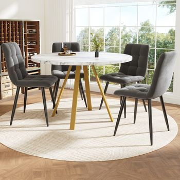 Conjunto Mesa Y 4 Sillas - Comedor - Mdf, Metal Y Terciopelo - Blanco Y Gris (80x80x75cm)