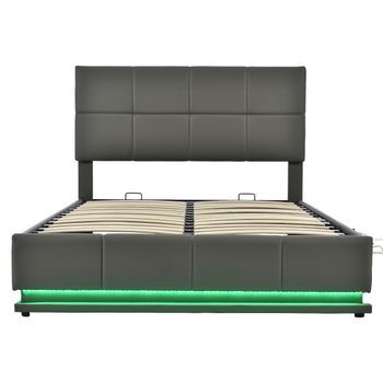 Cama Con Canapé Tapizada 140x200cm Con Iluminación Led En Símil Piel Gris